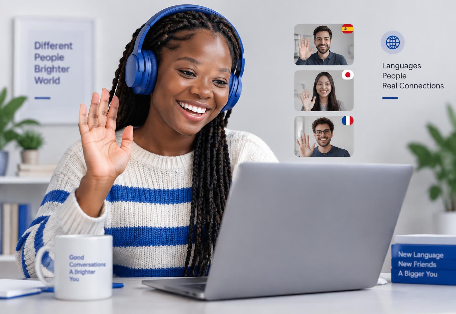 A tutor waving during a live language chat on TokioChat